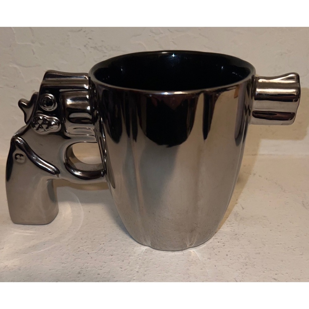 Spencers Revolver Pistol Coffee Mug Metallic Silver Chrome Handgun Novelty Cup